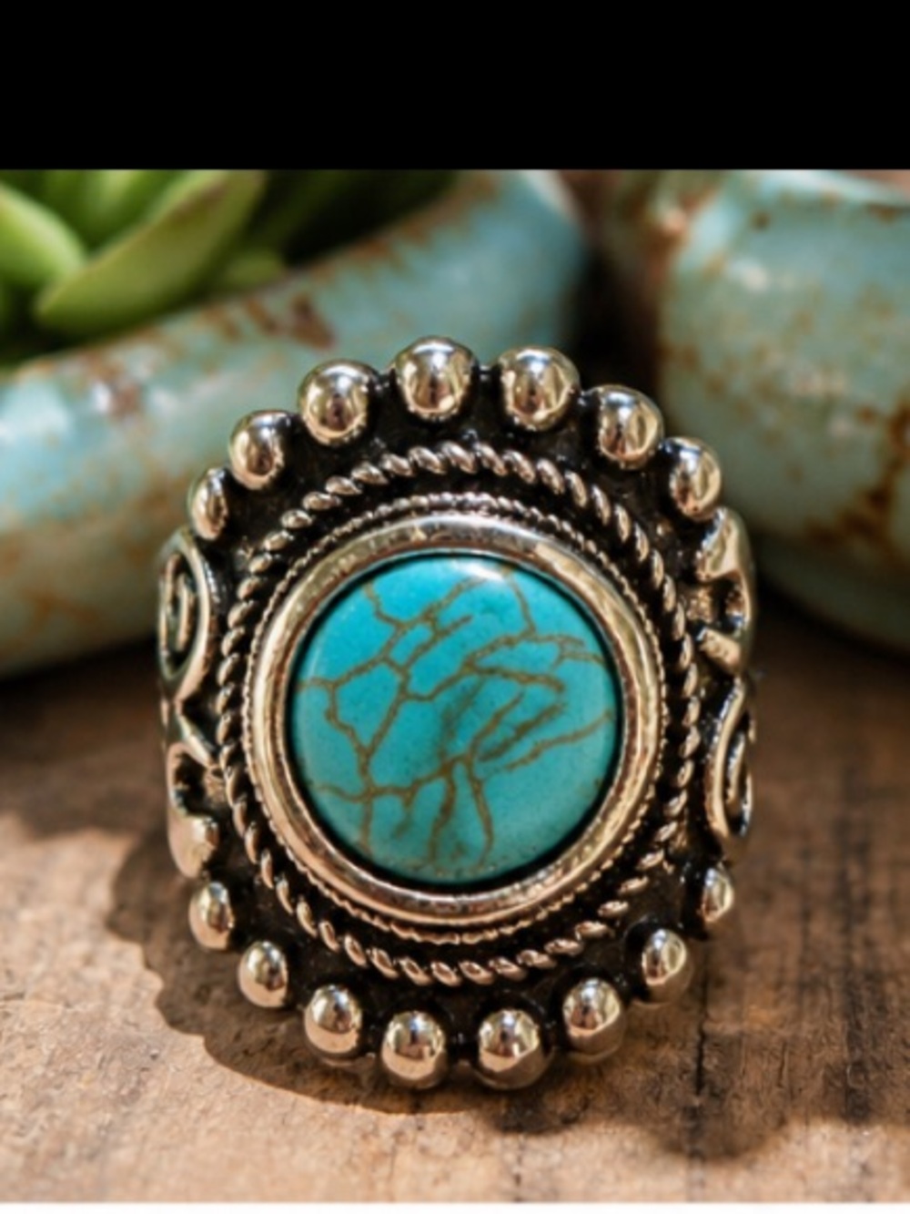 Turquoise Color Stretch Ring Silver Tone Western Boho Southwestern Statement 9 - Picture 3 of 12